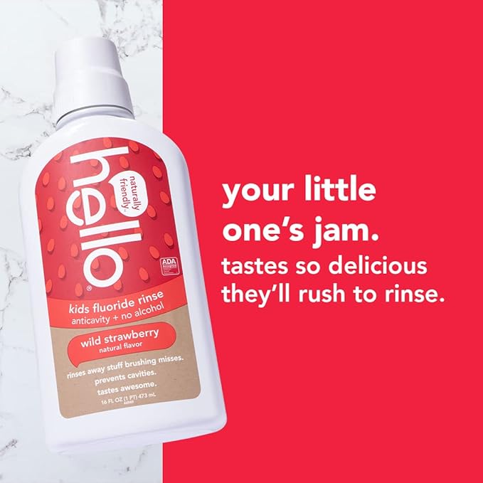 Hello Kids Wild Strawberry Natural Flavor Anticavity Fluoride Rinse - Vegan, Alcohol Free, and SLS Free Mouthwash for Children Age 2 and Up - 16 Ounce (Pack of 3)