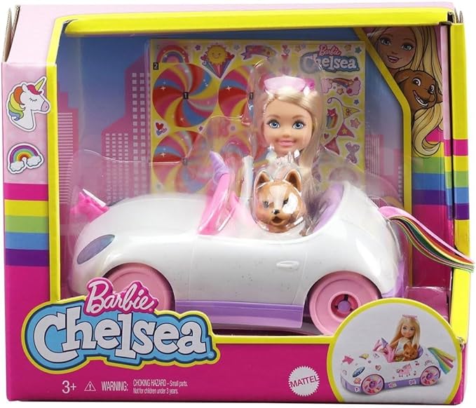Barbie Chelsea Doll & Toy Car with Unicorn Theme, Blonde Small Doll in Removable Skirt, Pet Puppy, Sticker Sheet & Accessories