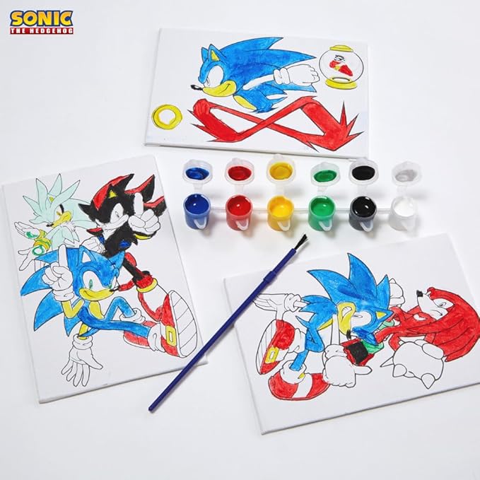 Innovative Designs Sonic The Hedgehog Canvas Paint Set for Kids with 3 Canvases, Acrylic Paint, Paintbrush, & Easel
