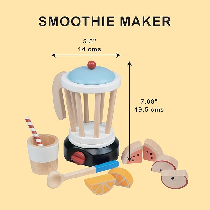 Mentari Toys - Smoothie Maker - 12pc Wooden Blender Play Set with Fruit, Cup, Straw & Spoon - Pretend Play Kitchen Toy for Toddlers - Encourages Creativity, Fine Motor Skills & Healthy Eating - Age 3+