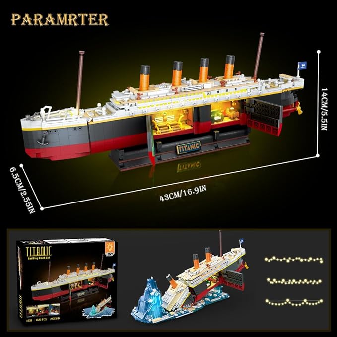 Titanic Building Set with LED Light, 2 in 1 Titanic Ship Mini Building Block 1883 PCS, Ship Model with Glacier Display Stand, Building Brick Toy Gift for Adults Teens Kids Boys Girls 10 11 12+