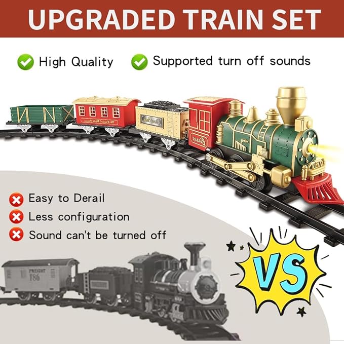 Train Set - Electric Train Toys, Toddler Train w/Light and Sounds (ON/Off), Classical Train Sets for Boys w/Locomotive, Carriages and Tracks, Christmas Toy Train Gifts for 3-10 Year Old Kids