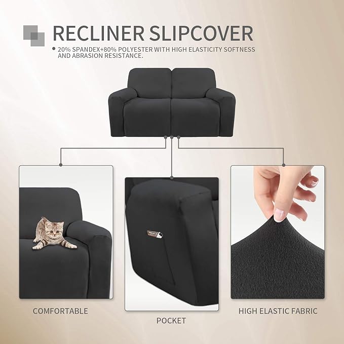 Easy-Going 6 Pieces Microfiber Stretch Sectional Recliner Sofa Slipcover Soft Fitted Fleece 2 Seats Couch Cover Washable Furniture Protector with Elasticity for Kids(Recliner Loveseat, Dark Gray)