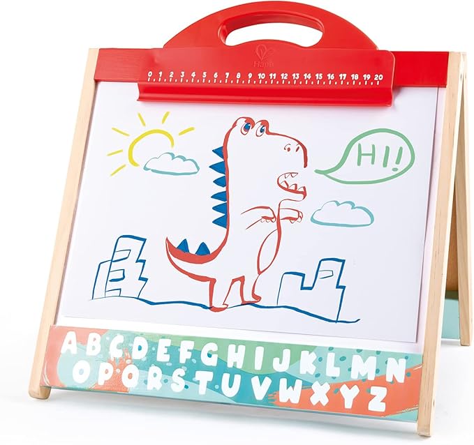Hape 3 in 1 Tabletop 2 Sided Standing Artwork Easel Blackboard and Magnetic Erasable Whiteboard w/ 10 Chalk Colors & 2 Marker Pens, for Ages 3 and Up