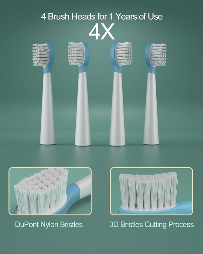 Sonic Rechargeable Kids Electric Toothbrush, 3 Modes with Memory, 35000 Strokes, IPX7 Waterproof,4 Soft Bristles Heads for Boys Girls Ages 3+ 4-7,Blue