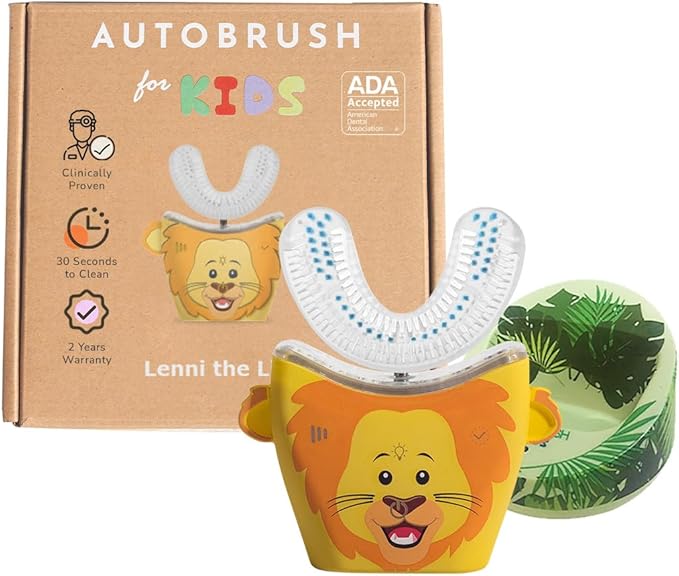 autobrush Kids U Shaped Electric Toothbrush, ADA Accepted, Sonic Pro with Unique 360° Nylon Bristles 3 Cleaning Modes,Whitening LED-Lights,Plays Music (Double-Sided),Ages 6-8, Lion