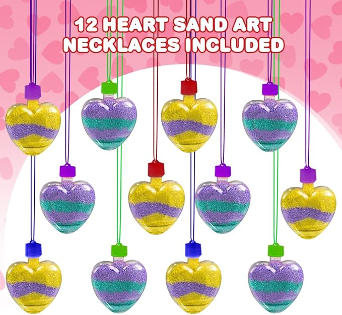 ArtCreativity Valentines Sand Art Heart Bottle Necklaces, Pack of 12, Sand Art Craft Kit with Heart Shaped Bottles, Craft Party Supplies and Party Favors for Kids - Sand Sold Separately