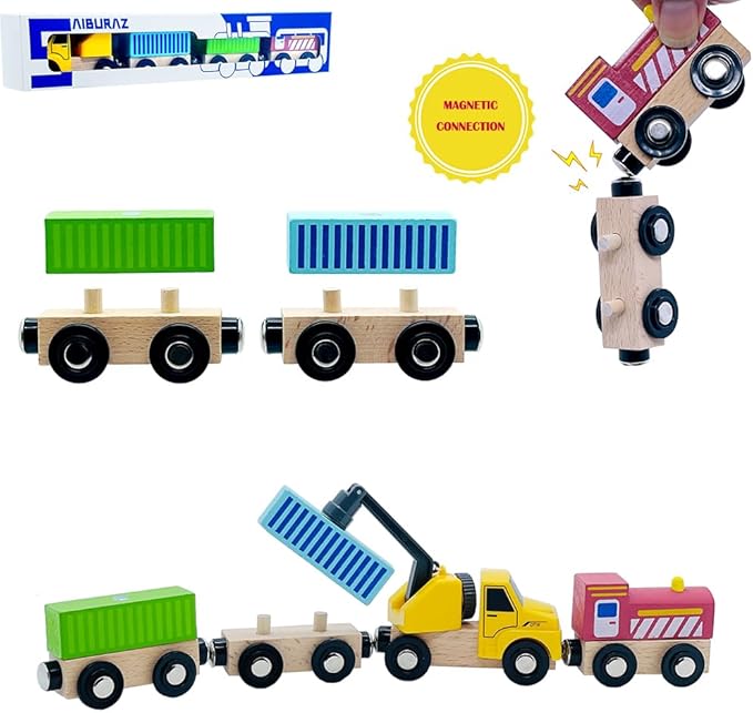 Wooden Trains Cars with Crane Magnetic Train Toys for Wooden Train Tracks Train Sets for Toddlers and Kids Ages 3+ (Crane Train)
