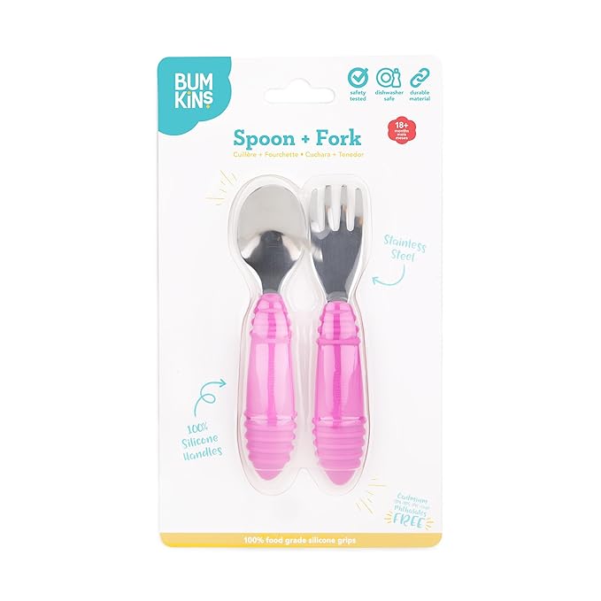 Bumkins Toddler Utensils, Kids Size Fork and Spoon Set, Silicone and Stainless-Steel Training Silverware, Angled Forks / Sporks for Self-Feeding, Children Hold Learning to Eat, 18 Months Up, Fuchsia