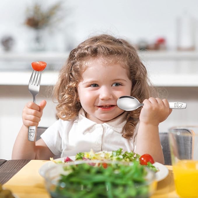 Pimoys 12 Pieces Kids Silverware Toddler Utensils Kids Forks and Spoons Set, Metal Toddler Cutlery Stainless Steel Childrens Flatware Set, Dishwasher Safe