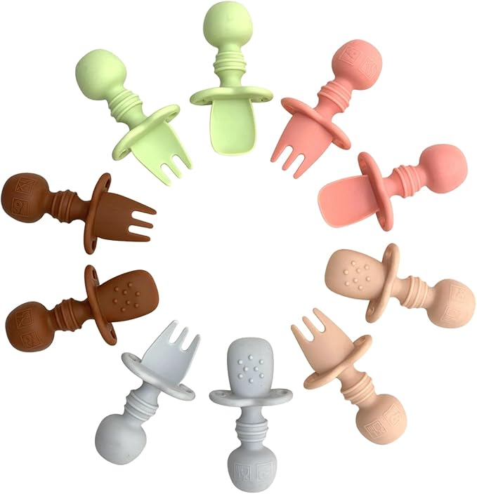 Silicone Baby Spoon and Fork Set with Custom Travel Case, Self Feeding, BPA Free, Anti-Choke (Sage green)