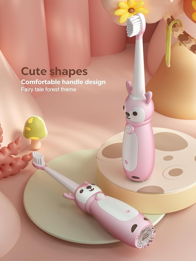 Kids Sonic Electric Toothbrush for Ages 3+, IPX7 Waterproof, 3 Smart Modes with Memory,Includes 4 Replacement Brush Heads, Pink