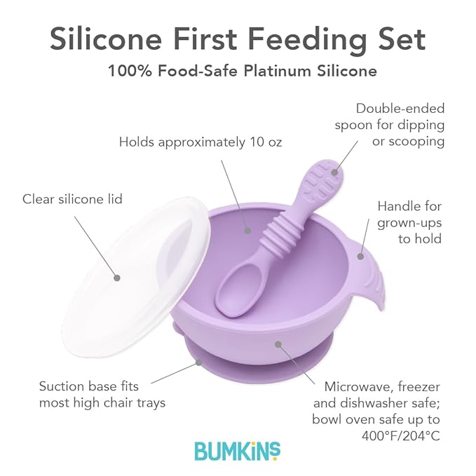 Bumkins Baby Bowl, Silicone Feeding Set with Suction for Baby and Toddler, Includes Spoon and Lid, First Feeding Set, Training Essentials for Baby Led Weaning for Babies 4 Months Up, Lavender