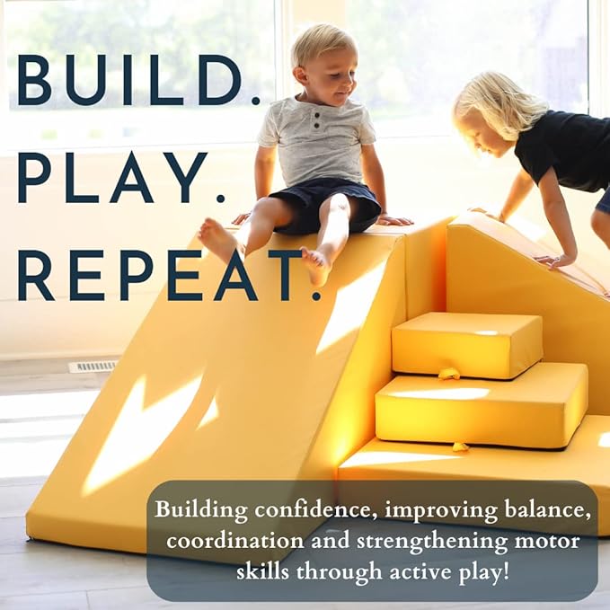 Foamnasium Pillar Builder, Indoor Foam Playset, 5 Piece Soft Toddler and Kids Active Play Couch for Crawling, Climbing, Fort Building and Jumping, Made in The US, Red
