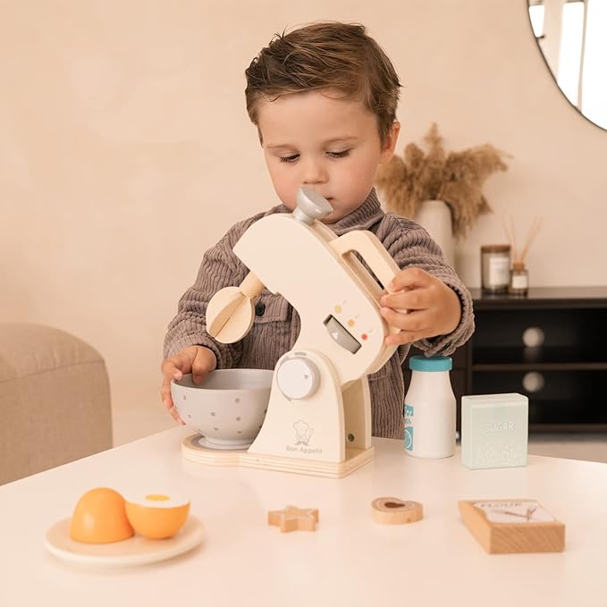 New Classic Toys Wooden Mixer Set Pretend Play Toy for Kids Cooking Simulation Educational Toys and Color Perception Toy for Preschool Age Toddlers Boys Girls , Red,White