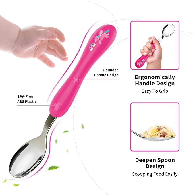 Lehoo Castle Toddler Fork and Spoon, 6pcs Toddler Utensils Kids Silverware, Safe Stainless Steel Toddler Fork Spoon Set, Children Flatware Set, Incudes 3 Spoons and 3 Forks (Pink)