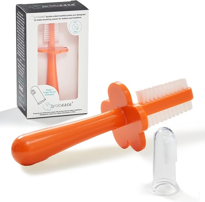 grabease Silicone Baby Toothbrush for Kids - Brushing Buddy Double-Sided Toddler Toothbrush - BPA-Free & Phthalate-Free - 1 Pack, Orange