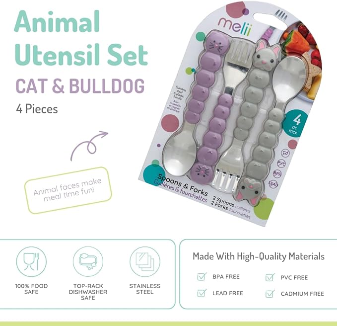 melii Toddler and Kid Feeding Spoon & Fork Set, Stainless Steel, BPA Free, Dishwasher safe (Cat & Bulldog 4pc)