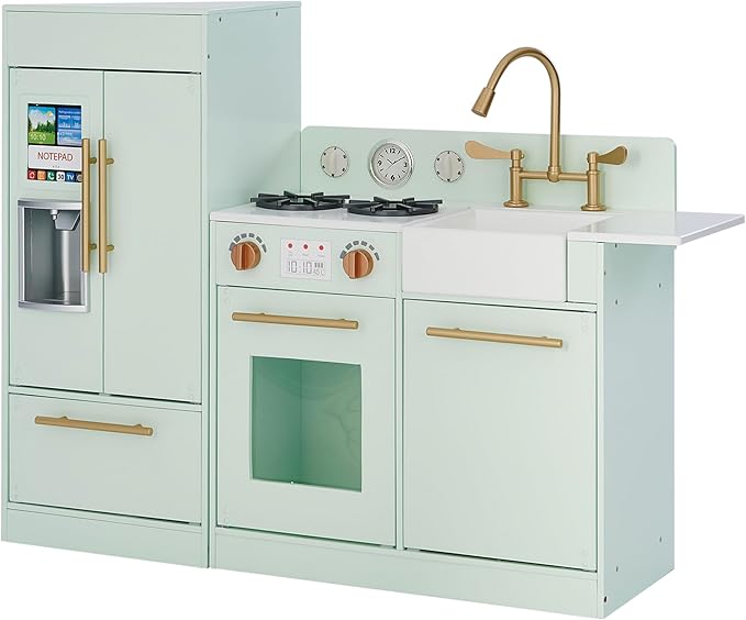 Teamson Kids Little Chef Charlotte Kids Play Kitchen, Wooden Kitchen Playset for Toddlers with Accessories, Pretend Ice Maker, Modular Design, & Storage Space, Mint/Gold, Gift for Ages 3+