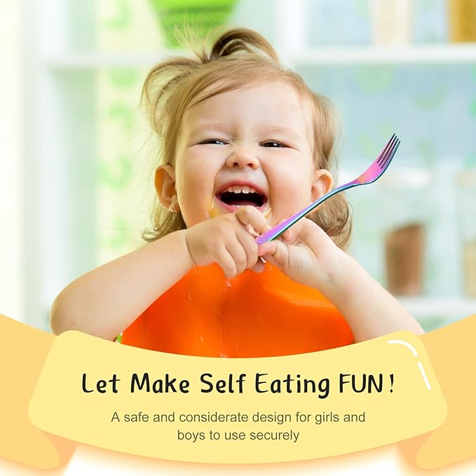 Minatee 6 Pieces Kids Forks Rainbow Kids Cutlery Set Safe Children Forks Stainless Steel Small Metal Self Feeding Children Silverware Utensil Set for Home and Preschools