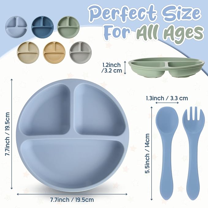 Meanplan 6 Pack Suction Plates for Toddlers with Lids Silicone Baby Plates set Food Grade Silicone Divided Design BPA Free Microwave and Dishwasher Safe Assorted Colors(Elegant Colors)