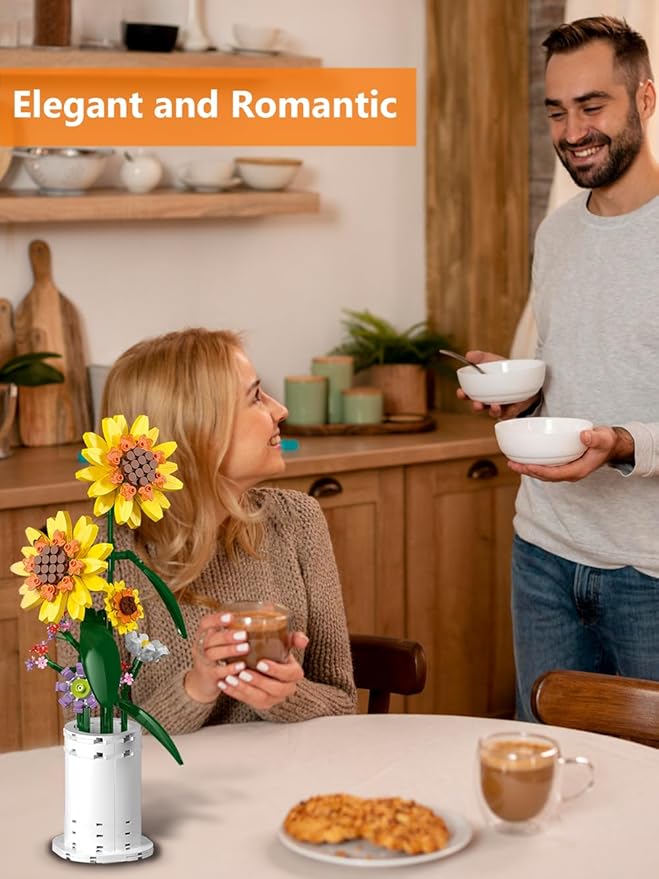 Sunflower Building Block Set, Flower Bouquet with Vase Building Toys, Party Gift Favor for Adults Teens Kids Girls Boys