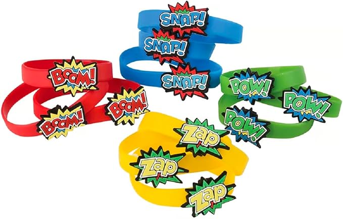 Superhero Stretchy Rubber Bracelets 24 Pack (6") Colorful Wristbands with Comic Super Hero Action Sayings Snap! Pow! Boom! Zap. Great for Birthday, Party Favors (Superhero Bracelets, 24)