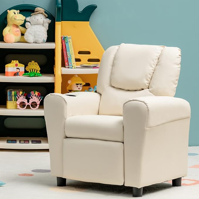 ARLIME Kids Recliner chair, toddler Armchair Upholstered Couch with Cup Holder, Backrest, baby Leather sofa with Headrest and Footrest, Child Furniture for Ages 2-7 (Beige)