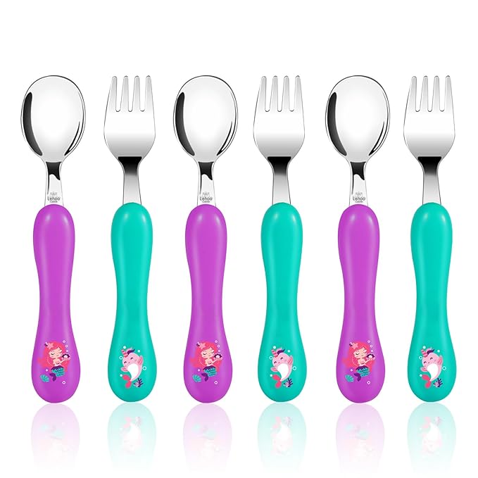 Lehoo Castle Toddler Fork and Spoon, 6pcs Toddler Utensils Kids Silverware, Safe Stainless Steel Toddler Fork Spoon Set, Children Flatware Set, Incudes 3 Spoons and 3 Forks (Mermaid)