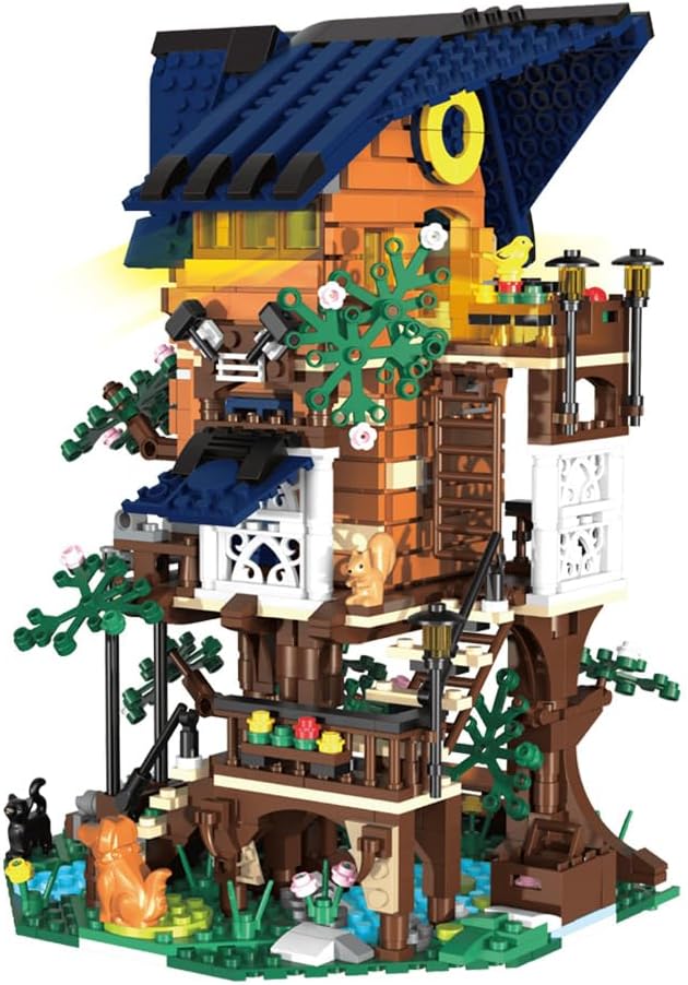 Tree Building House Set with LED,Street View Tree Building Blocks Toy, Gift for Adult,Boys Girls Age 14+，Mini Brick 1020pcs (Not Compatible with Lego)