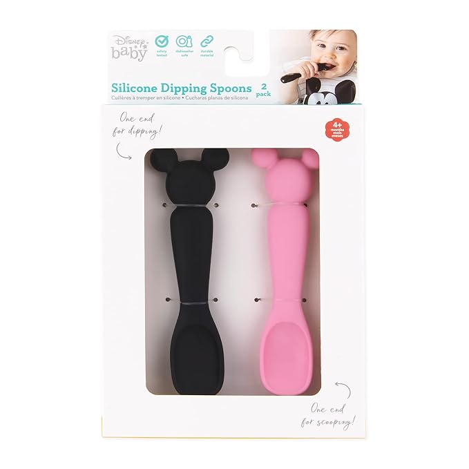 Bumkins Disney Baby Utensil Set, Silicone Trainer Spoons for Dipping, Soft Tip, Self-Feeding, Chew, Baby Led Weaning, First Year Training Supplies, Essentials in Eating, 4 Mos, 2-pk Minnie Mouse