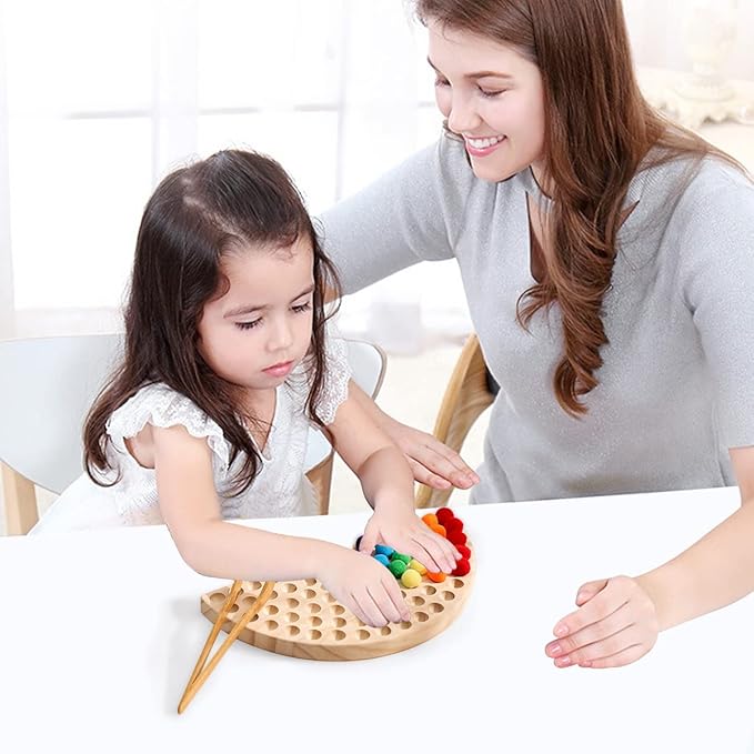 ibwaae Wooden Peg Board Beads Game Color Sorting Toys Counting Matching Game Bead Counting Fine Motor Skill Montessori Toys for Toddlers (Rainbow)