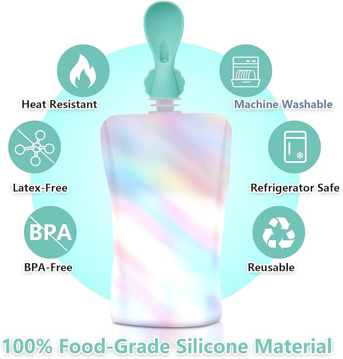 Silicone Spoon Attachment for Baby Food Pouch with On-the-Go Cases - Includes 2 Squeeze Pouch Topper Attachments (White-green)