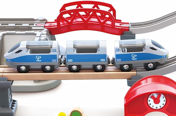 Hape City Railway and Train Bucket Set Toy with Hoisting Magnetic Crane for Trains, Trucks, and Cargo for Kids Ages 3 and Up, Multicolor