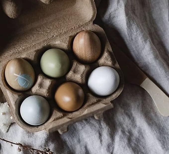 Tender Leaf Toys - Wooden Eggs - 6 Pieces Pretend Food Play Solid-Wood Eggs with Carton Box, Realistic Easter Egg Toy - Shopping Game Accessories for Children - Age 3+