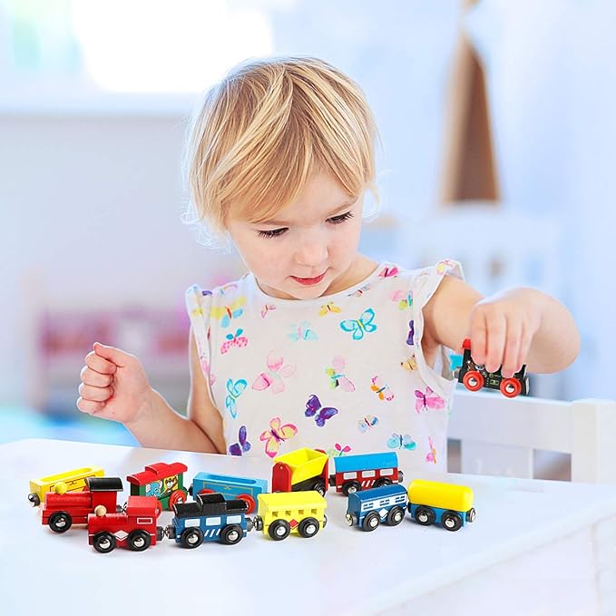 Wondertoys Wooden Train Cars 12 PCS Magnetic Train Sets Includes 3 Engines and Storage Bag - Wooden Train Set for Toddlers Compatible with Major Brands Train Set Tracks - Trains for Train Table