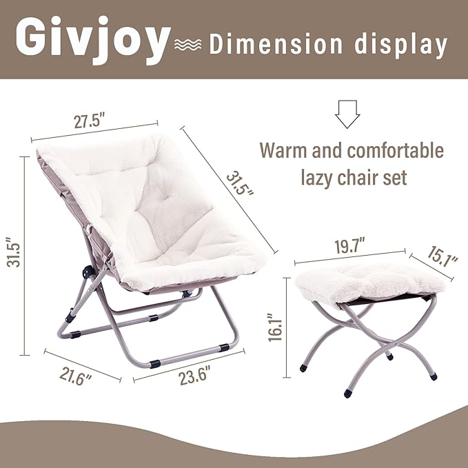 Comfy Saucer Chair with Ottoman, Oversized Folding Faux Fur Chair Soft Furry Lounge Lazy Chair with Metal Frame Moon Chair Accent Chair for Bedroom, Living Room, Dorm Rooms