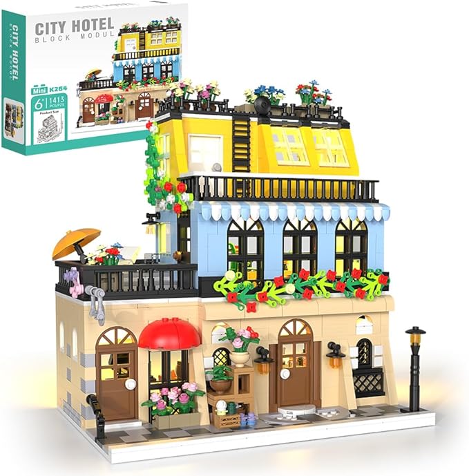 City Hotel Building Block Set with LED, Construction House Building Toy Gift for Adult Teen Age 14,Mini Bricks 1464pcs (Not Compatible with Lego)