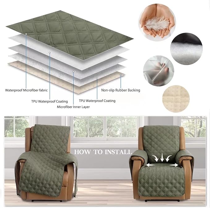 TOMORO Non-Slip Oversized Recliner Cover, 100% Waterproof Quilted Recliner Chair Slipcover Furniture Protector with Pockets, Washable Couch Cover with Elastic Straps for Kids and Pets