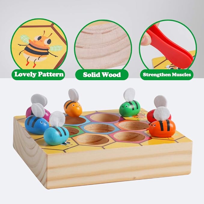 Toddler Fine Motor Skill Toy, Clamp Bee to Hive Matching Game, Montessori Wooden Bee Hive Toys, Wood Color Sorting Puzzle Early Learning Preschool Educational Gift for 2 3 4 Years Old Kids