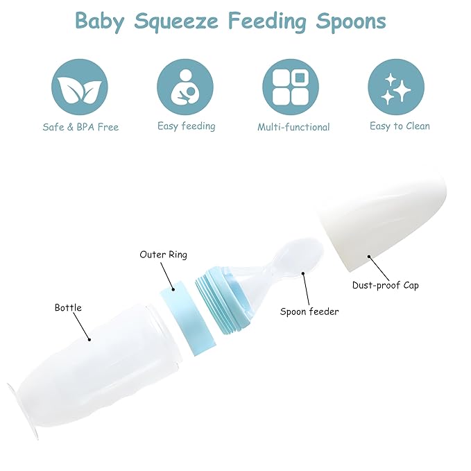 WAJIAYON Baby Food Feeder 4 Pack Silicone Baby Food Dispensing Spoon-3 oz Squeeze Feeding Spoons with Suction Cup for Boys Girl Kids Toddlers - Self Feeding Bottle Spoon-Light Blue