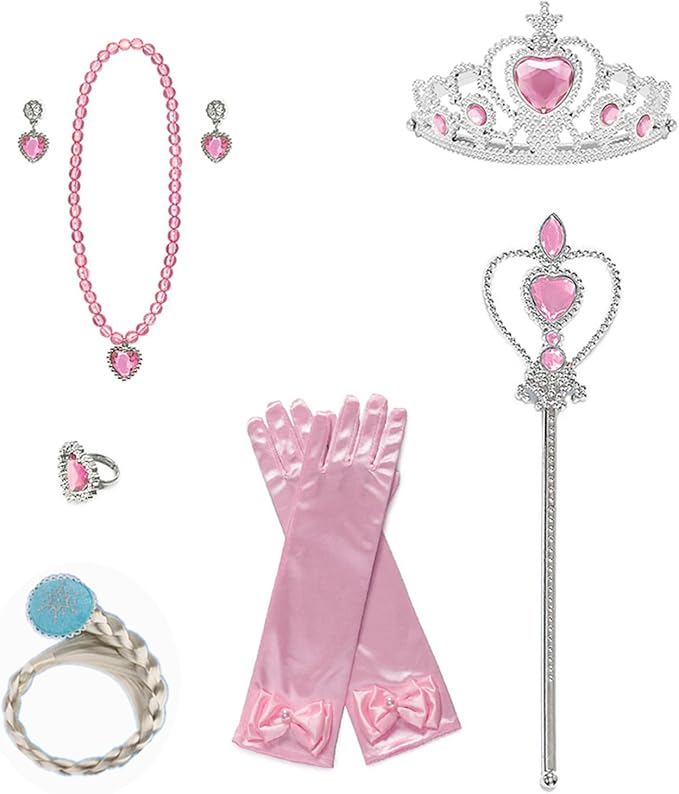 Princess Cape Set Dress Up Accessories Party Cosplay Cloak Costumes with Tiara Crown Wand Wig Golves for Little Girls