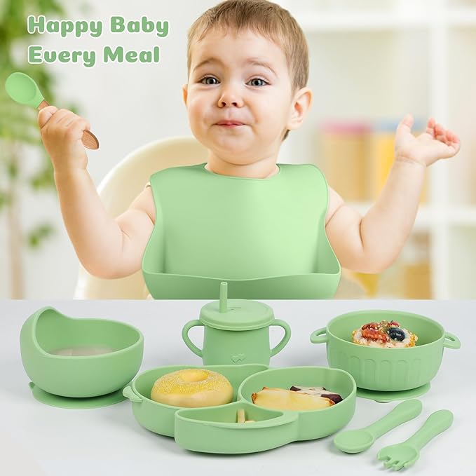 Silicone Baby Feeding Set 15 Pcs，Baby Spoons Suction Bowl Divided Plate Bib Cup Finger Brush Teething Teether，Baby Led Weaning Supplies,Baby & Toddler Silicone Plates and Bowls Dining Set（green）