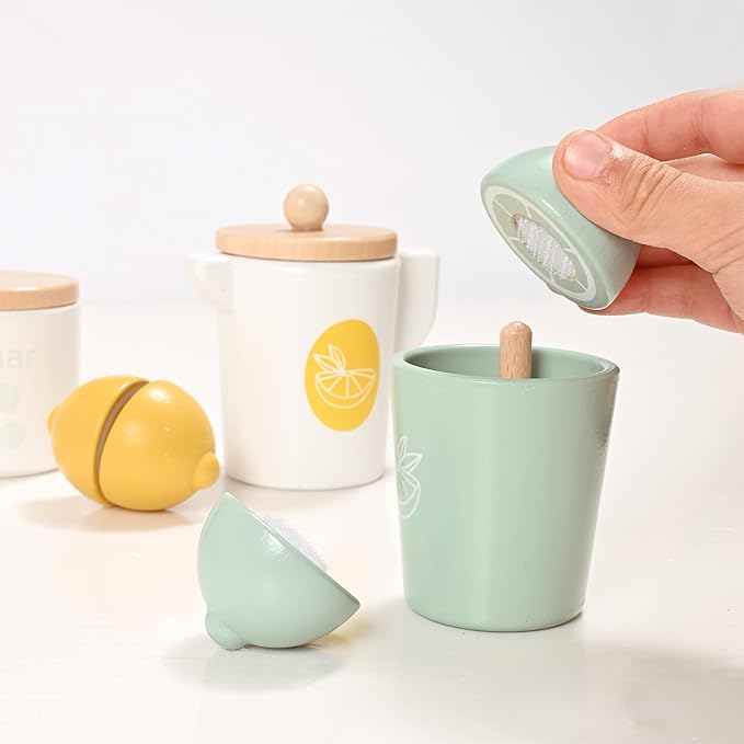 22pcs Wooden Tea Set for Little Girls, Toddler Tea Set with Lemons Kids Pretend Play Kitchen Accessories, Wooden Toys Lemonade Playset Gift Kids Tea Party Set with Sugar and Tea Bag