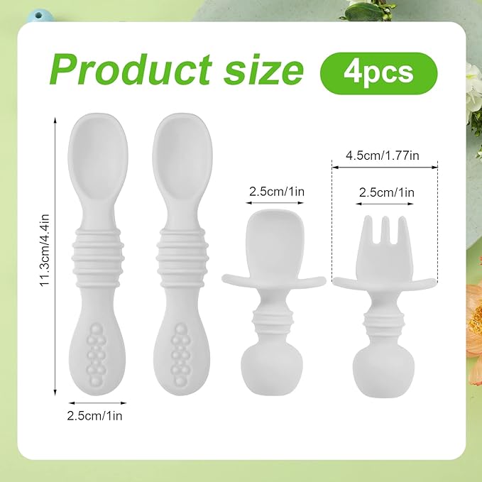4pcs Silicone Baby Spoons Self Feeding 6+ Months, BPA Free Baby Led Weaning Spoons Training Spoon Toddler Self Feeding Utensils for 6-12 Months Babies (Grey)
