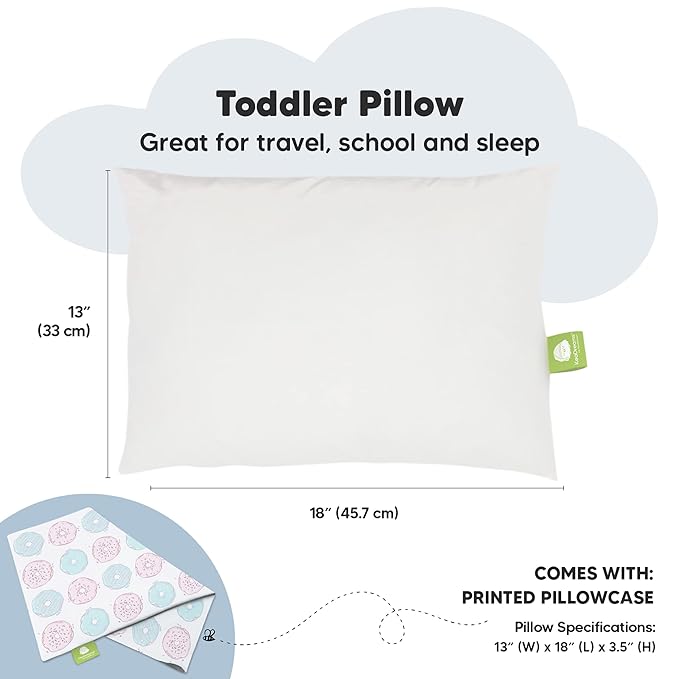 Toddler Pillow with Pillowcase - 13x18 My Little Dreamy Pillow, Organic Cotton Toddler Pillows for Sleeping, Kids Pillow, Travel Pillows, Mini Pillow, Nursery Pillow, Toddler Bed Pillow (Donuts)