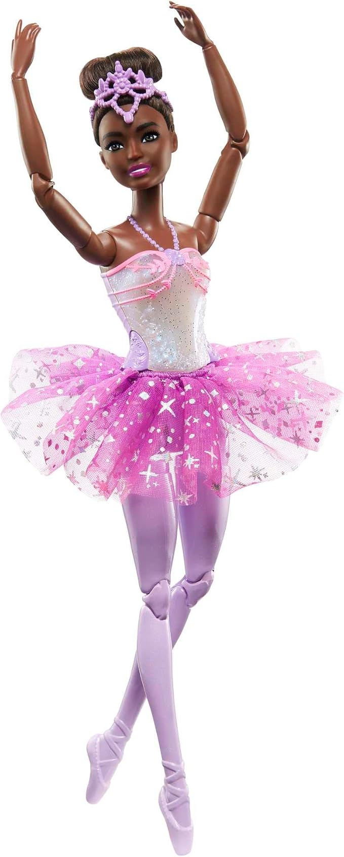 Barbie Dreamtopia Doll, Twinkle Lights Posable Ballerina with 5 Light-Up Shows, Sparkly Purple Tutu, Black Hair & Hair Accessory