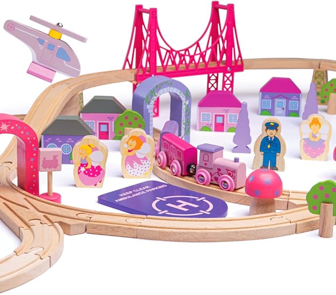 Bigjigs Rail, Fairy Town Train Set, Wooden Toys, Wooden Train Set, Gifts for 4 Year Old Girl, Pink Train Set, Girls Train Set, Bigjigs Train Set