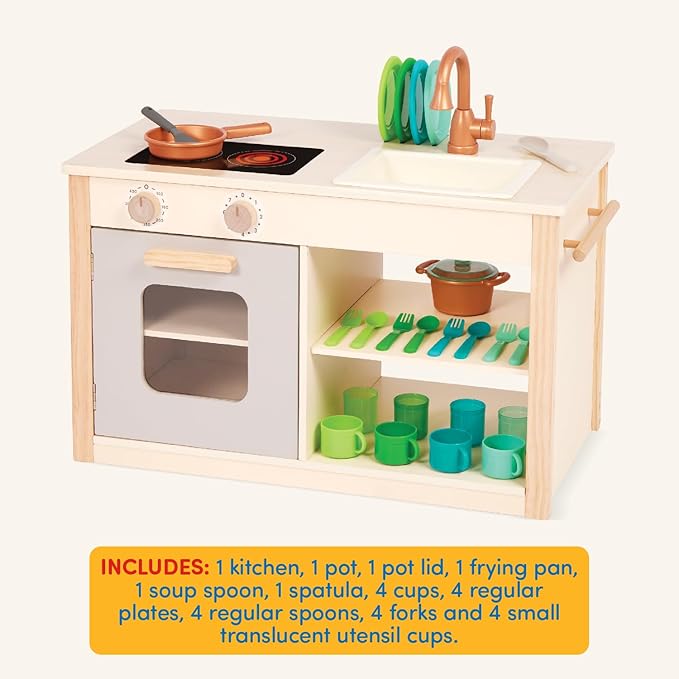 Battat – Play Kitchen & Market – Toddler-Friendly Size – Chalkboard Menu & Oven Dials – 25 Toy Cooking Accessories – 2 Years + – Two n' One Cookin' Fun