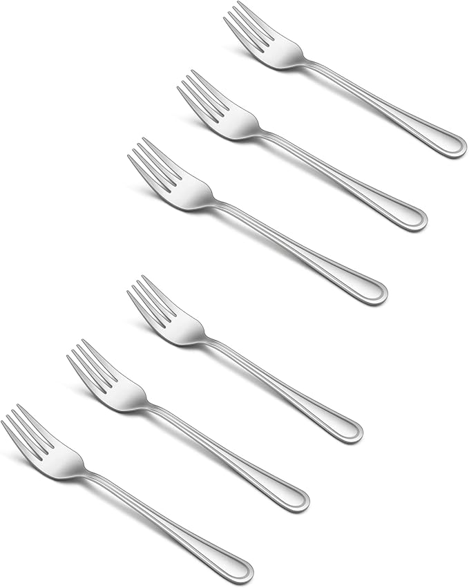 TeamFar Toddler Forks, 6 Pcs Stainless Steel Kids Utensil Small Fork for Child Self Feeding, with Line Patterned Edge, Non Toxic & Healthy, Mirror Surface & Dishwasher Safe, Easy to Grip